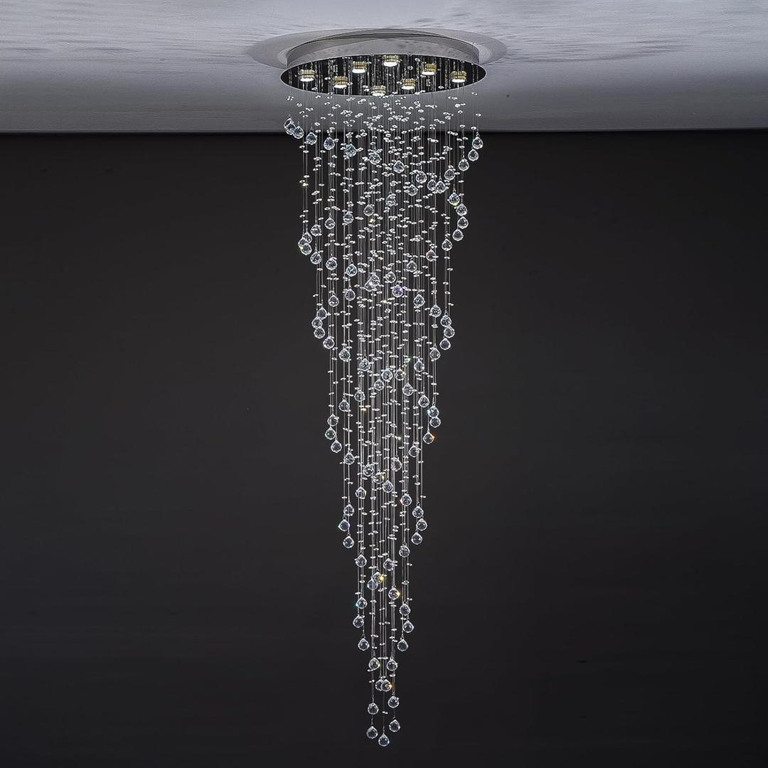 Modern Chrome Crystal Chandelier for High Ceiling,Large Spiral Sphere Crystal Chandeliers Ceiling Light,Flush Mount Pendant Light Fixture for Entryway, Staircase, Foyer D23.6 X H78.7