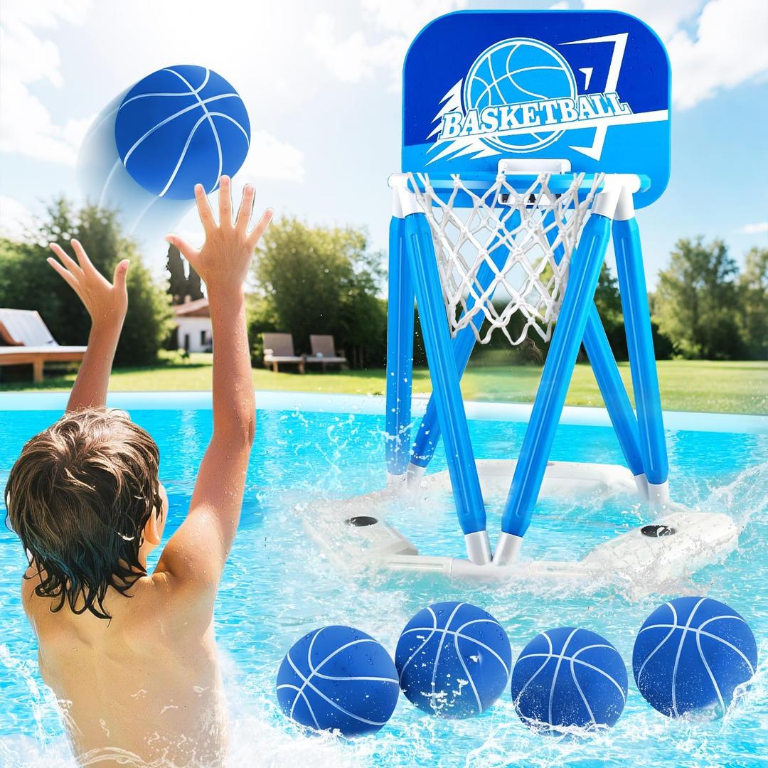 Pool Basketball Hoop, Floating Basketball Hoop Toy for Pool Water Game with 4 Basketballs Summer Swimming Pool Games for Kids 4-12 Indoor Outdoor Play (Blue)