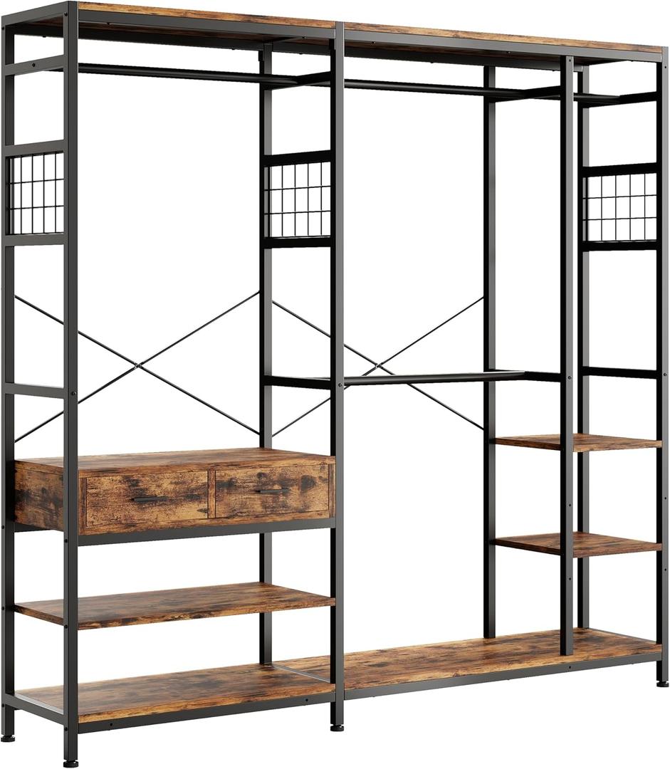 IRONCK Closet Organizer and Storage Shelves, Heavy Duty Clothes Rack with 2 Wooden Drawers, L Shaped Coat Rack Corner Closet System, Vintage Brown