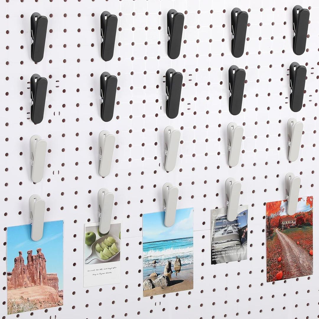 CroBlissful 20 Pcs Pegboard Accessories Clips Pegboard Clips Metal Accessories Hook Attachment Peg Board Clip for Crafts Kitchen Bathroom Room Office Wall Organize Storage Display (Black and White)