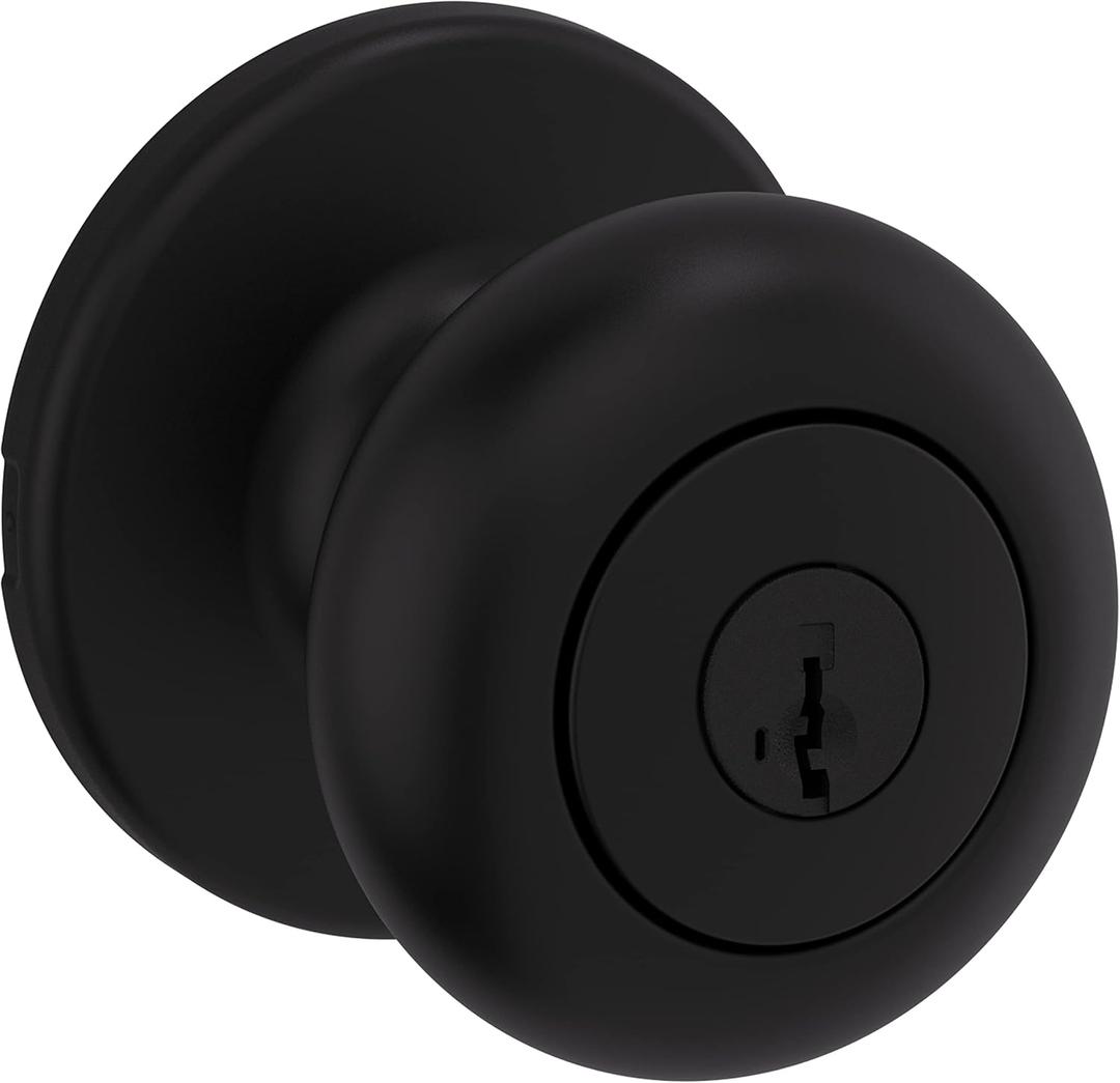 Kwikset Cove Entry Door Knob with Lock and Key, Secure Keyed Handle Exterior Doorknob, Front Entrance and Bedroom, Matte Black, Pick Resistant SmartKey Rekey Security (1 Pack)