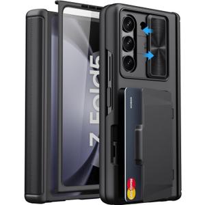 for Samsung Galaxy Z Fold 5 Case with Card Holder & Slide Camera Cover, Built-in Screen Protector & Hinge Protection, Shockproof Durable Wallet Phone Case for Galaxy Z Fold 5 5G 2023, Black