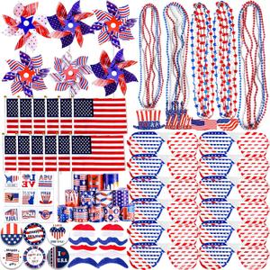 156 PCS 4th of July Accessories Patriotic Party Favors American Flags Glasses Slap Bracelets Pinwheels Tattoo Stickers Brooches Beards Necklaces for Independence Day Memorial Day