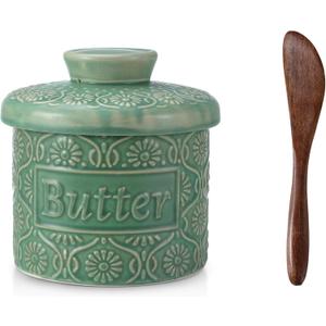 Butter Crock, Ceramic Butter Crock with Lid, Butter Dish with Lid for Countertop, Green