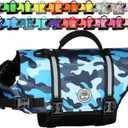 VIVAGLORY Dog Life Vest Rip Stop Dog Swim Vest, L, Camo Blue | High Visibility Ripstop for Puppy Cat Doggy, Life Jacket with Handle & Leash Ring for Boating & Swimming, L
