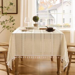ZeeMart Hemstitched Embroidery Striped Boho Tablecloth 60x104 Inch Beige, Heavy Weight Farmhouse Burlap Linen Beige Tablecloth, Wrinkle Resistant Washable Table Cloth for Rectangle Table
