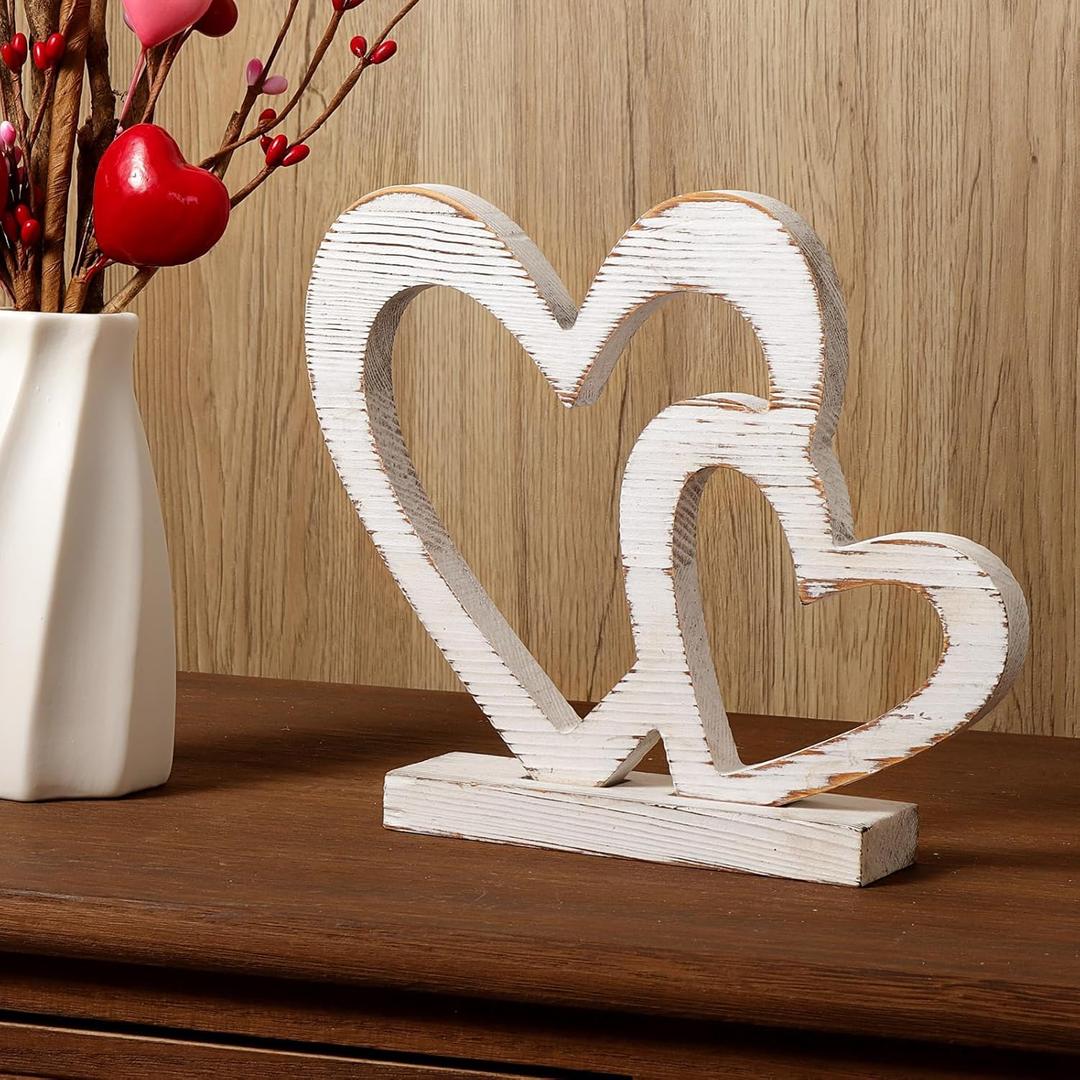 Valentine's Day Decor, 2Pcs Rustic White Laser-Cut Hollow Distressed Heart Shape Wooden Table Centerpieces Decorations, Farmhouse Galentines Decorations for Home Office Mantel Family Gifts