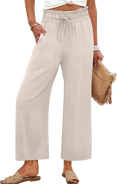 ANRABESS Palazzo Pants for Women Summer Casual Flowy High Waist Wide Leg Capri Pants 2026 Loose Lounge Cropped Beach Trousers Beige, Medium
