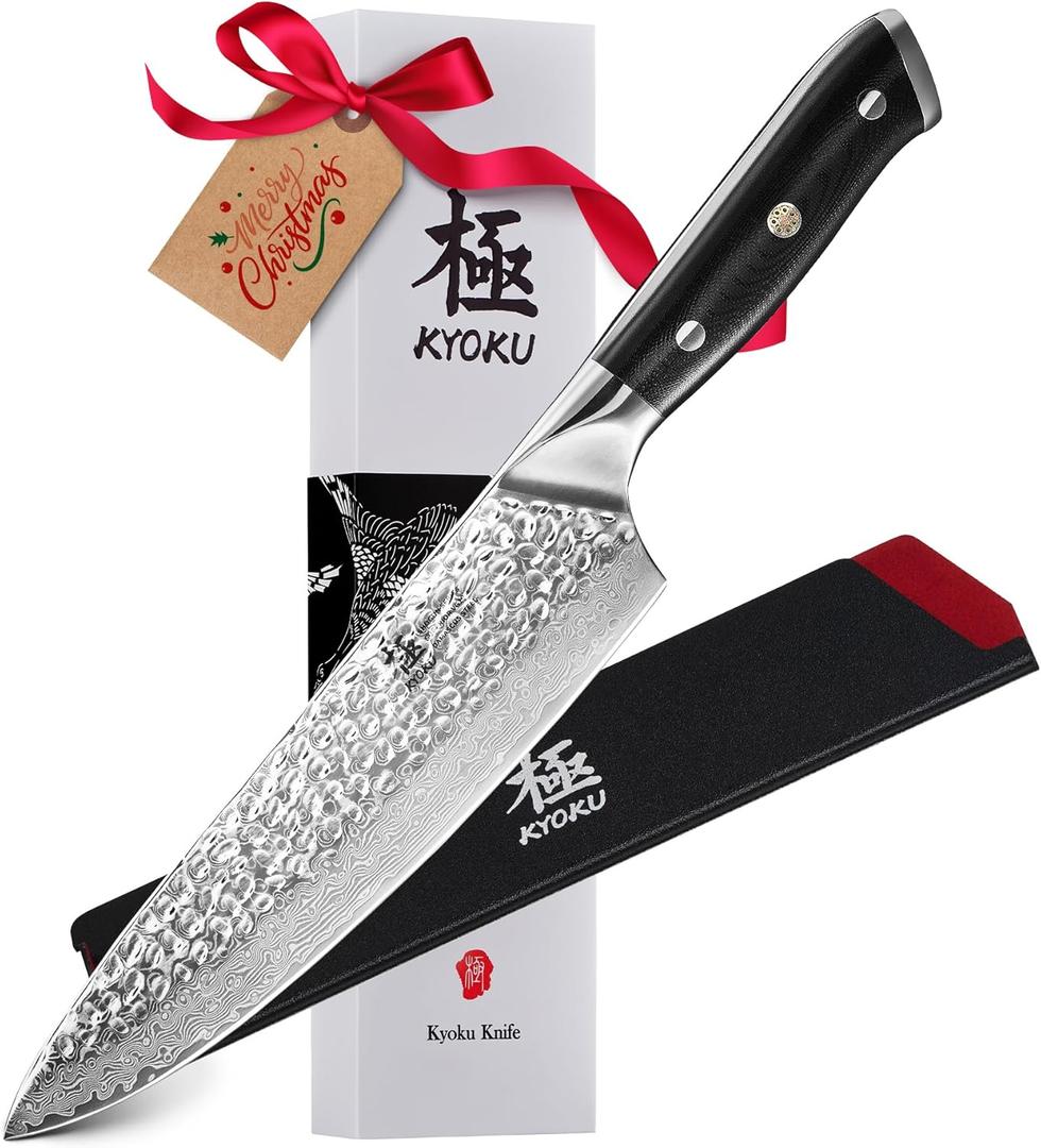 KYOKU Chef Knife - 8"- Shogun Series Japanese Style VG10 Steel Core Hammered Damascus Blade Kitchen Knife - with Sheath & Case