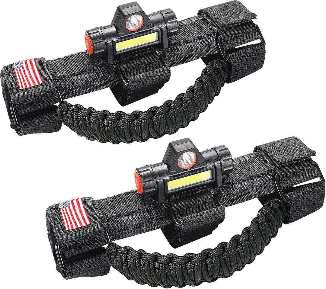 Handles Grab Roll Bar Grab Handles with Light for Jeep Wrangler TJ JK JL YJ Unlimited Rubicon Sahara 2 Door 4 Door Jeep Gladiator JT Accessories, Rechargeable Dome Light, Black, 2 Pack