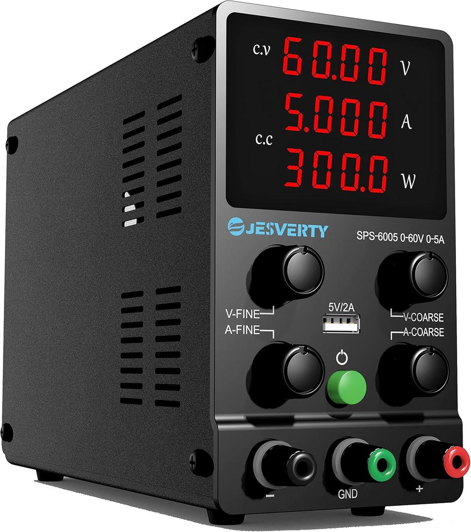 DC Power Supply Variable, 0-60V 0-5A Adjustable Switching DC Regulated Bench Power Supply with High Precision 4-Digit LED Display, 5V/2A USB Port, Coarse and Fine Adjustment SPS-6005