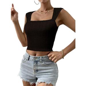 SKYAS Womens Cute Square Neck Ruched Going Out Crop Y2K Tank Tops Basic Trendy Summer Fitted Top (Small Petite, Black)
