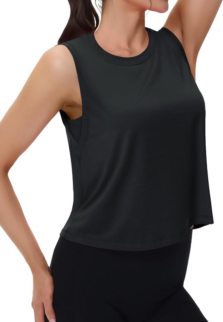 MAGCOMSEN Black Tank Top Woman Sleeveless Quick-Drying Cropped Tank Athletic Shirts Workout Flowy Yoga Tops Loose Fit, Small