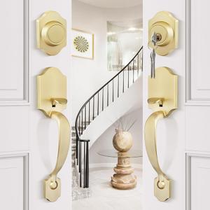 Goldenwarm Double Front Door Lock Set, Gold Double Door Handlewith Dummy, Double Classic Front Door Hardware Set with Reversible Wave Handle Lever, Double Entry Door Lock Set