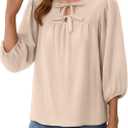 Womens Tops 3/4 Puff Sleeve Bow Tie Front Spring Easter Shirts Dressy Casual Elegant Flowy Loose Babydoll Blouses