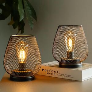 TRIROCKS Set of 2 Medium Battery Powered Outdoor Lantern 6.5'' High Metal Table Lamp Cordless Battery Operated Lamps with LED Edison Bulb for Home Wedding Parties Patio Events Indoors Outdoors(Brown)