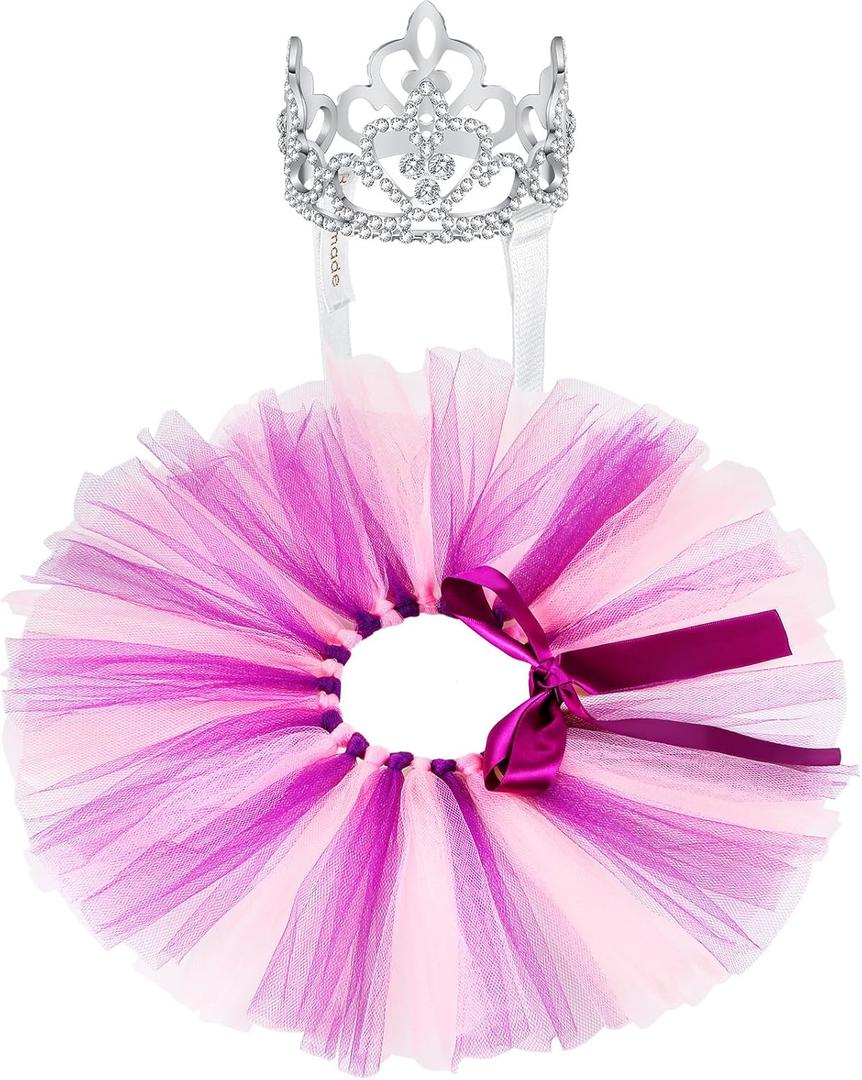 2 Pcs Dog Crown Headband Dog Tutu Dress Set Crystal Rhinestone Tiara Crown Tutu Skirt Pet Dress Costume for Puppy Birthday Party Wedding Photo Prop Costume(X-Large,Pink Purple)