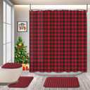 4PC Rustic Red Black Fabric Shower Curtain Sets with Non-Slip Rugs 72" x 72" in with Buffalo Check Plaid Design Print Luxurious Soft Brushed Durable Quality Microfiber with 12 Hooks (Style 3)