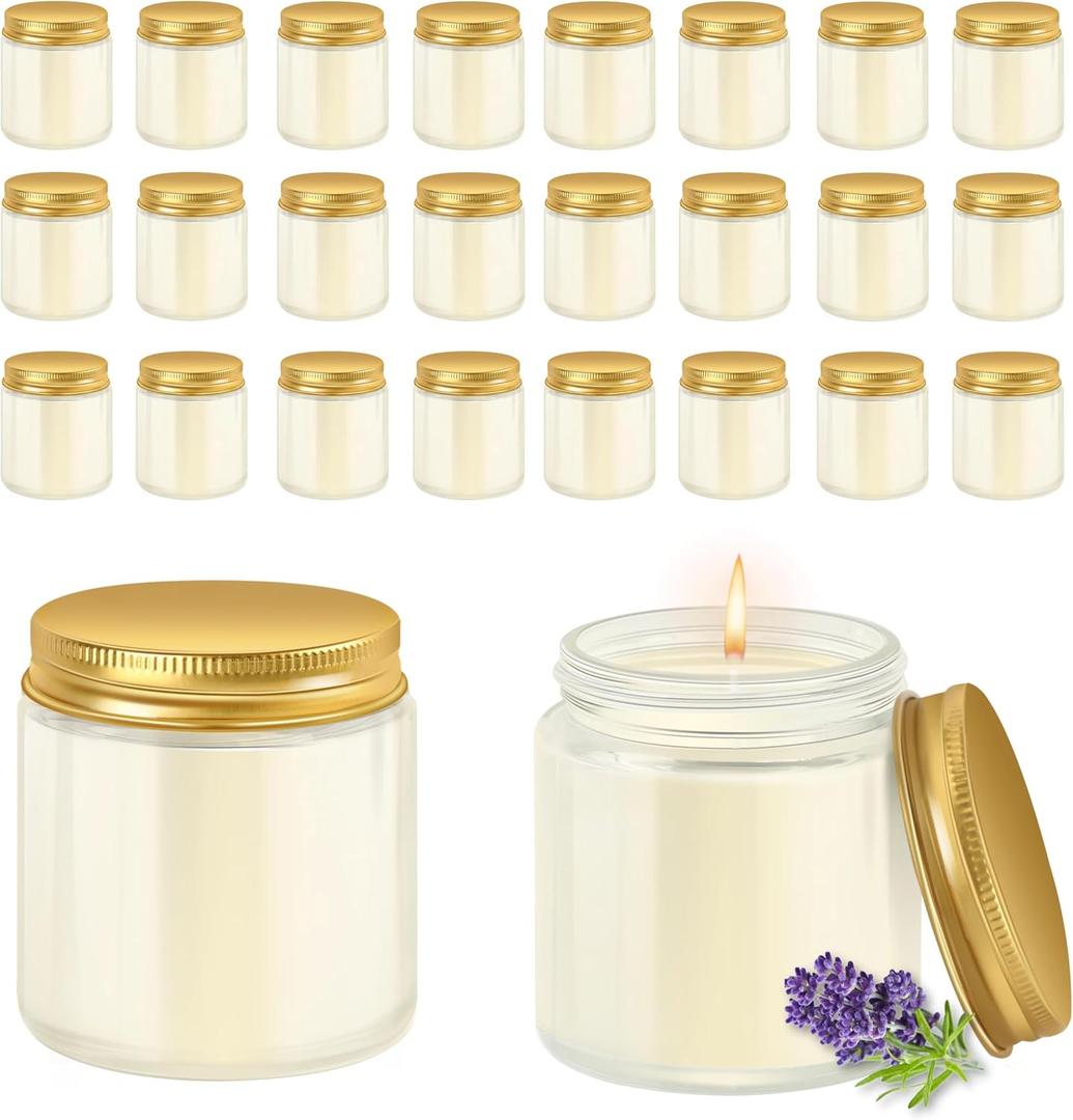 ACITHGL 24 Pcs 4oz Mini Mason Jar Candles Small Lavender Scented Candles Bulk Aromatherapy Ideal Souvenir Favors for Wedding Birthday Party (Gold, 24)