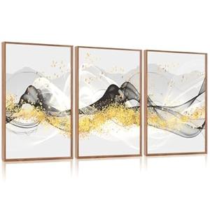 Aurlan Abstract Black Gold Luxury Wall Art Set(16"x24"), 3 Pieces Modern Swirl Ribbon Framed Canvas Artwork with Foil Graffiti, Large Minimalist Lines Scandinavian Wall Decor for Office Bedroom Living Room
