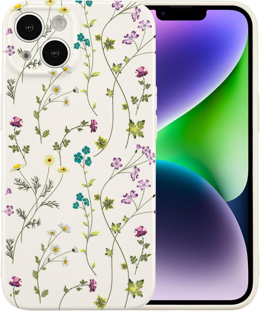 RALEAVO Floral Case for iPhone 15, Flower Branch Pattern Design Cute Cover Case for Girls Women Slim Thin Soft Silicone Shockproof Anti-Slip Phone Case for iPhone 15 (6.1"),Beige