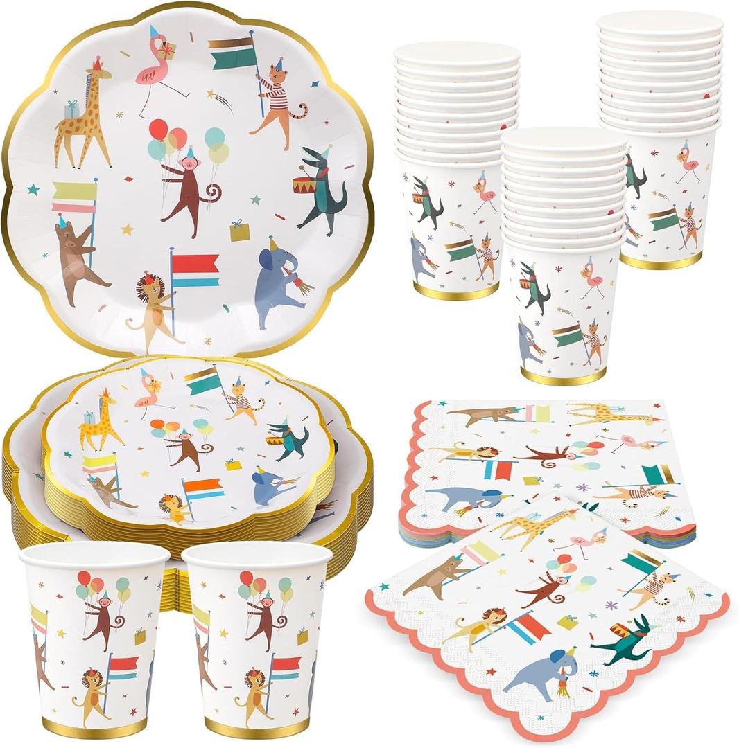 Maxdot 100 Pcs Animal Parade Party Plates Set, Including 9 Inch and 7 Inch Animal Parade Paper Scalloped Plates, Cute Disposable Napkins and Paper Cups for Kids Birthday Decorations, Baby Shower