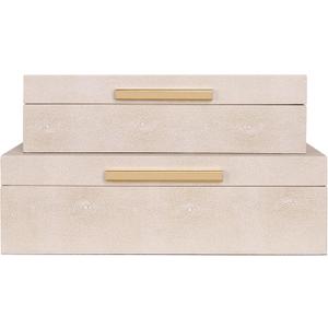 Faux Leather Stackable Nesting Jewelry Box with Lids Organizer  Set of 2 Beige Shagreen Decorative Storage Boxes with Gold Metal Handles (Ivory-1)