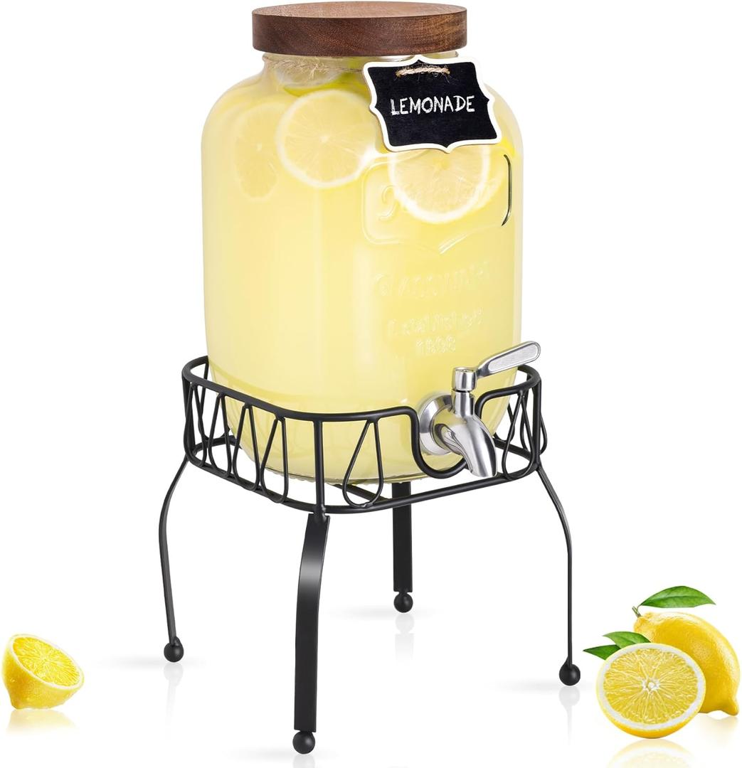 Mustry Glass Drink Dispenser for Parties, 1 Gallon Beverage Dispenser with Stand and Spigot Solid Stainless Steel, Used as Lemonade Dispenser Sun Tea Jar Kombucha Jar