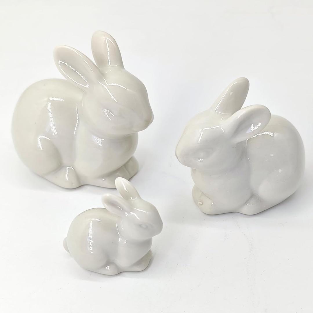 Easter Table Decorations,3Pcs Ceramic Bunny Figurine Easter Spring Decorative Modern Vintage Rustic Farmhouse Rabbit Figurines Statue Home Decor Tray Table Centerpiece Mantels Decor OrnamentWhite