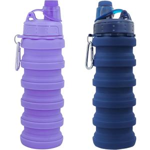 Collapsible Water Bottles Travel water bottle Sports Portable Sport Water Bottle Reusable Water Bottles comes with mountaineering Buckle 500ml silicone Water-proof camping water bottle (Dark blue+purple)