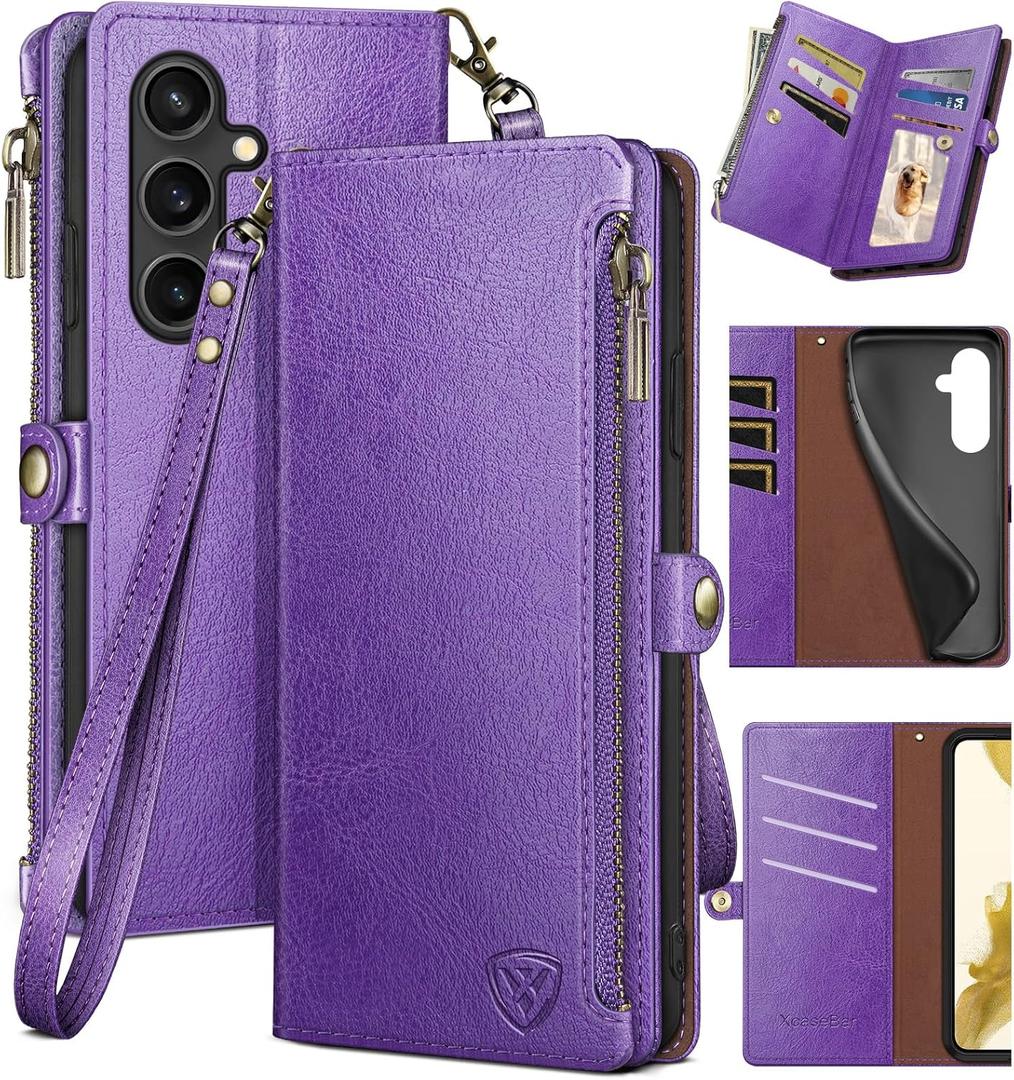 XcaseBar for Samsung Galaxy S23 FE Wallet case with Zipper Credit Card HolderRFID Blocking, Flip Folio Book PU Leather Phone case Shockproof Cover Women Men for Samsung S23FE case Purple