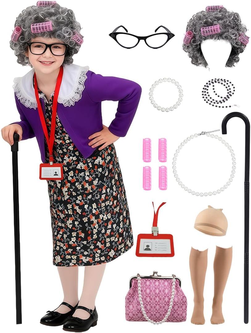 Kids Old Lady Costume Girls 100 Day of School Costume Grandma Costume Girls Old Women Granny Halloween Party (5-7 Years, Purple)