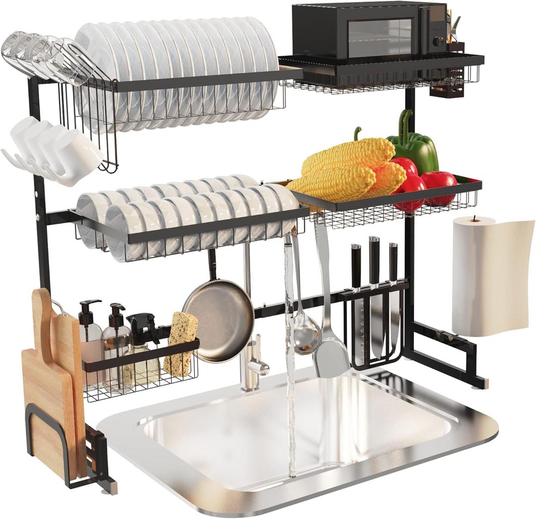 Over The Sink Dish Drying Rack, 3 Tier Stainless Steel Adjustable (33''-40'') Large Kitchen Dish Drainers for Home Counter Storage, Above Sink Non-Slip Shelves Organizer (Black)