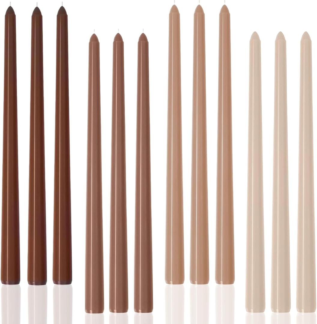 Brown Tall Taper Candles 12 inch Unscented Smokeless Long Tall Tapered Candle for Candlesticks Sticks Wedding Advent Home Decor Dinner Christmas Set of 12