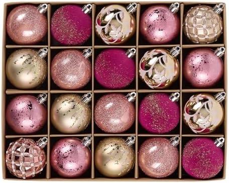 DecorbyHannah Pink Gold Christmas Ornaments, 20ct 2.36 inch Velvet Christmas Tree Decorations,Shatterproof Plastic Decorative Hanging Ball Bulk Set for Xmas Home Party Holiday Table Decor
