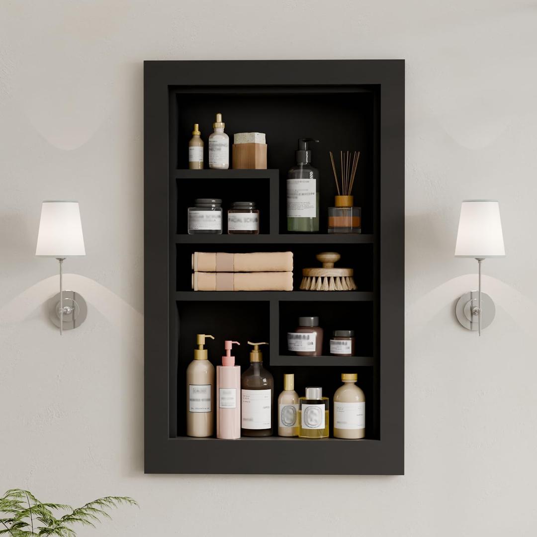 Solid Wood 14 X 24 Recessed Medicine Cabinet,3-Tier, Medicine Cabinet Organizer,Wall Niche, Bathroom Wall Cabinet, Recessed Bathroom Cabinet, Bathroom Cabinet with Storage Black