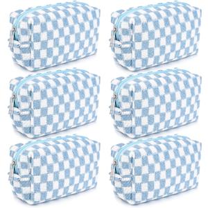 SOIDRAM Checkered Makeup Bag Preppy Cosmetic Bag Bulk Blue Makeup Pouch Personalize Travel Toiletry Bag Organizer Cute DIY Makeup Brushes Storage Bag for Women