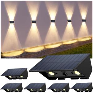 Solar Fence Lights with 4 Bulbs, 6 Pack WarmWhite Fence Lights Solar Powered, IP54 Waterproof Solar Wall Lights for Up&Down, Dusk to Dawn 12 Hours Auto Illuminate for Deck/Wall/Step/Patio/Yard/House