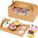 FORBFAN 50 Pcs Cupcake Boxes 6 Count with Handle, Kraft Portable Muffin Boxes, Gable Party Favor Treat Boxes for Wedding Birthday Party