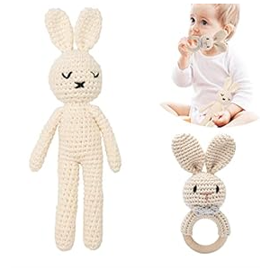 2PC Wooden Baby Bunny Rattle & Crochet Doll Plush Stuffed Rabbit Animals Toy for Newborn Baby 3-6 Months | 100% Handmade Infant Soothe Toys for Sensory and Early Grips Development