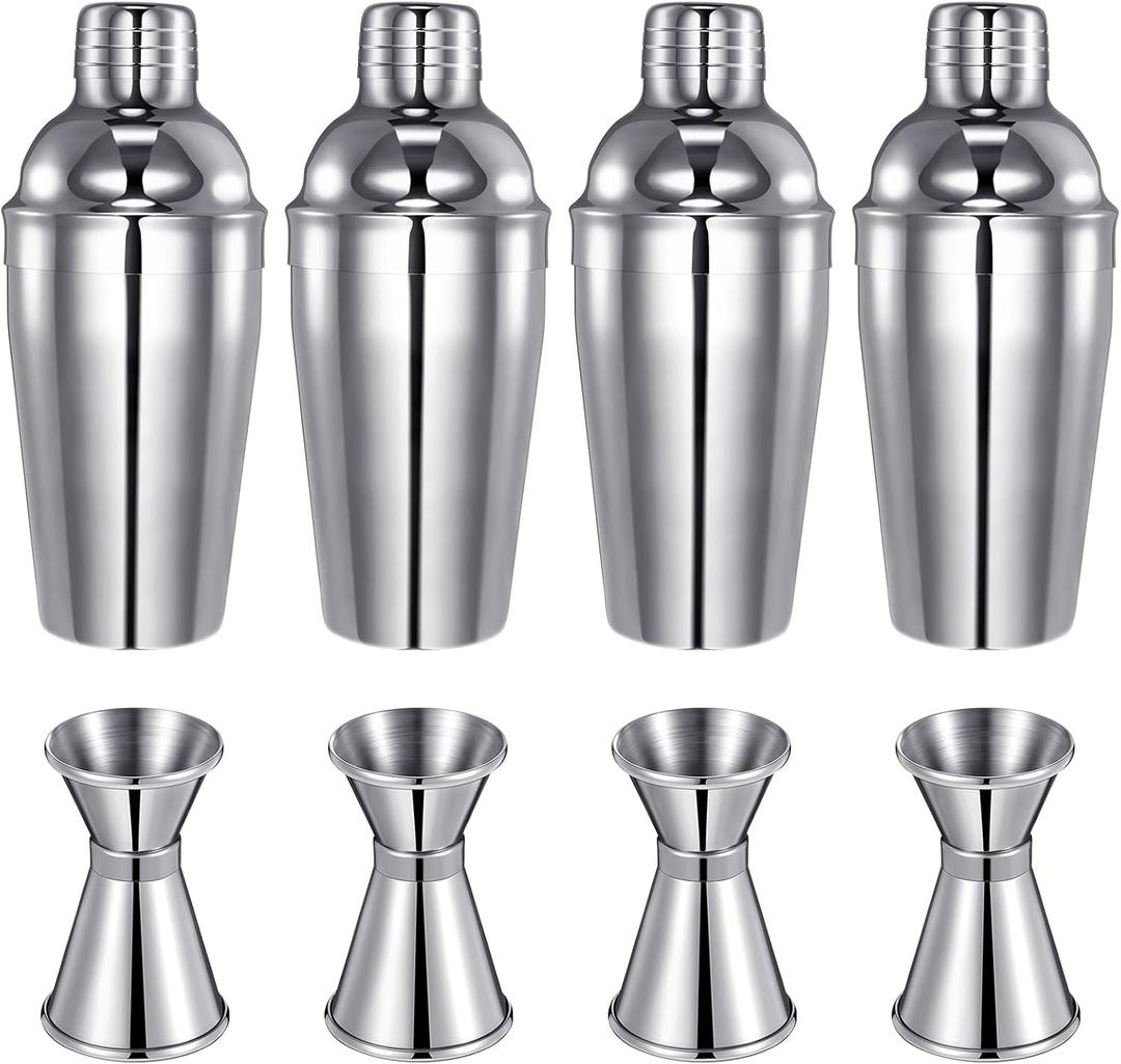 4 Packs Cocktail Shaker Set Martini Shaker Bulk Stainless Steel Martini Mixer with Strainer and Double Measuring Jigger for Bar Party Home Use Bar Mixing Tool(18 oz/ 550 ml)