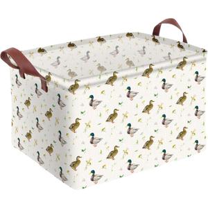 Cute Mallard Duck Storage Basket Waterproof Canvas Toy Storage Bin Mallard Duck Room Decor Collapsible Outdoor Basket with Leather Handles Duck Decor Blanket Baskets For Closets,Bedrooms,Gifts Baskets