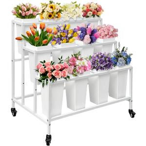PROLEE Flower Stand with 12 Buckets, Flower Display Stand with Wheels, Flower Cart, Moving Florist Bouquet Shelf, Rectangular, White
