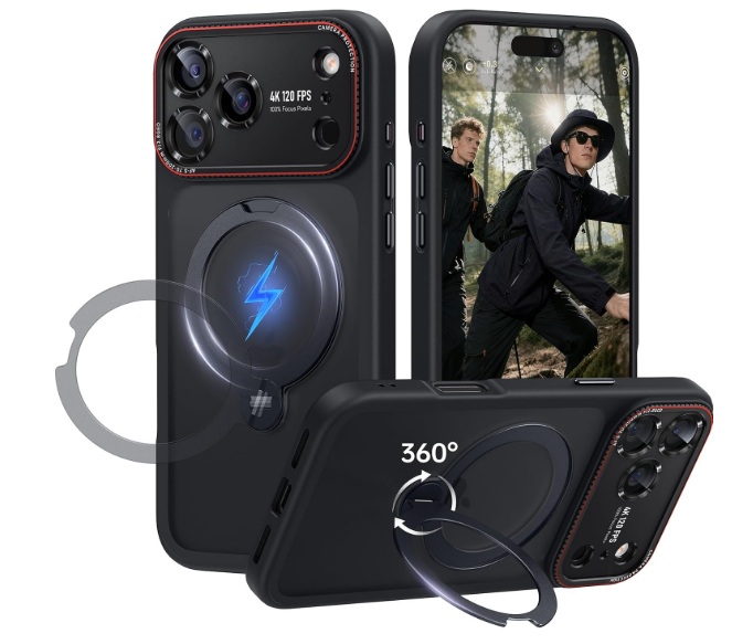 Case for iPhone 17 Pro Max: 360 Spin Magnetic Stand, Camera Protection (Compatible with MagSafe) [18FT Military Protection] Shockproof Matte Translucent Phone Cover for iPhone 17 Pro Max 6.9", Black