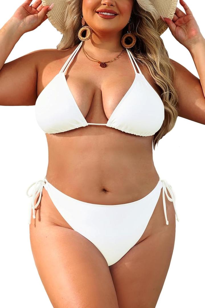 Daci Women Plus Size Triangle Bikini Sets Two Piece Double Straps Halter Swimsuit Side Tie String Sexy Bathing Suits (White) 16W