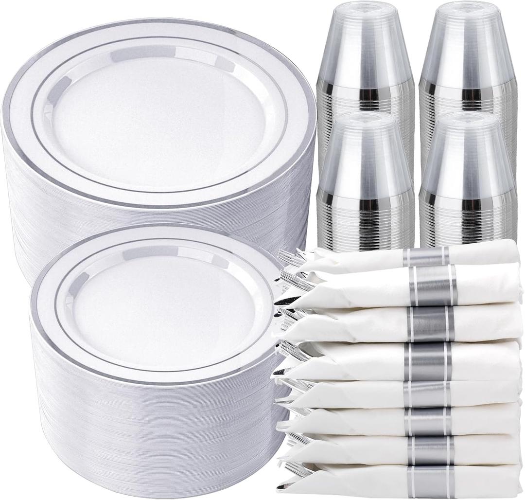 realluck 350 PCS White and Silver Plastic Dinnerware Set for 50 Guests, 100 Disposable Plates for Party, 50 Pre Rolled Napkins with Silver Silverware, 50 Cups