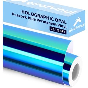 Peacock Blue Holographic Permanent Adhesive Vinyl - 12 Inch X 6 FT Easy to Weed Peacock Blue Opal Vinyl for Home Decorations, DIY Christmas Decor'