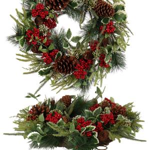 Christmas Wreath for Front Door 22 in Artificial Pine with Red Berries and Pinecones, Full and Lush Holiday Door Decoration for Indoor/Outdoor Use  Handcrafted Festive Greenery Wreath (Holly Leaves)