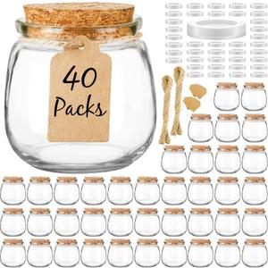 Syntic 40 Pack Small Glass Jars with Cork Lids, 7oz Empty Mason Jars for Making Candles, Yogurt Container with PE Lids for Wedding Favors, Baby Shower, Candy, Spices with Twine, Labels