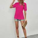 Romanstii Women Casual V-Neck T-Shirts Loose Puff Short Sleeve Tops Tunic Blouses (X-Large, Rose Red)